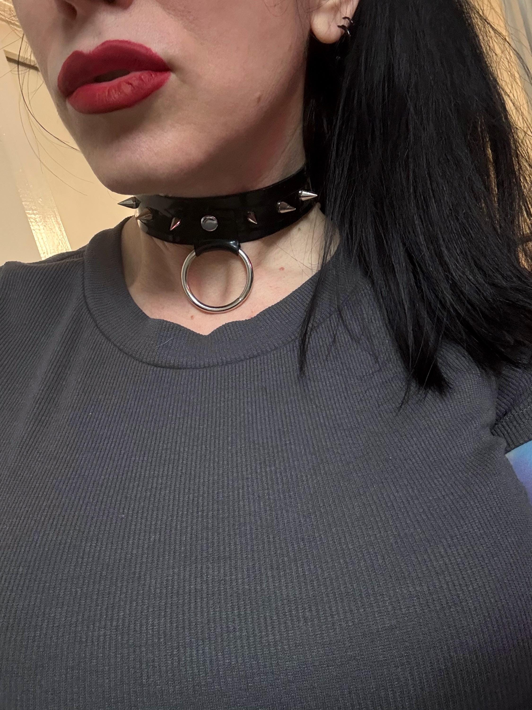 Black 1” Latex Choker with Large O Ring and spike detailing