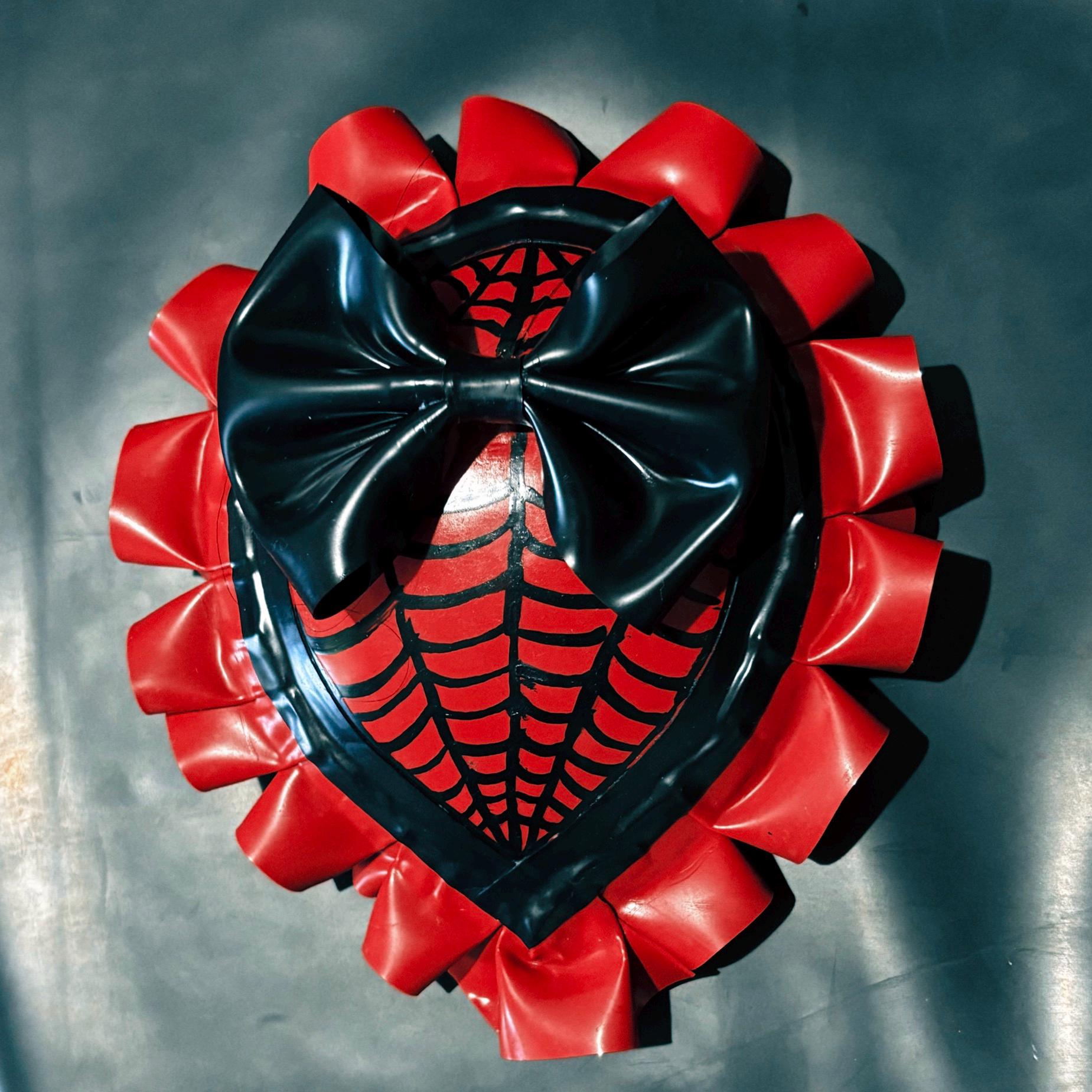 Black & Red Latex Fascinator – Hand-Painted Spiderweb + Ruffles