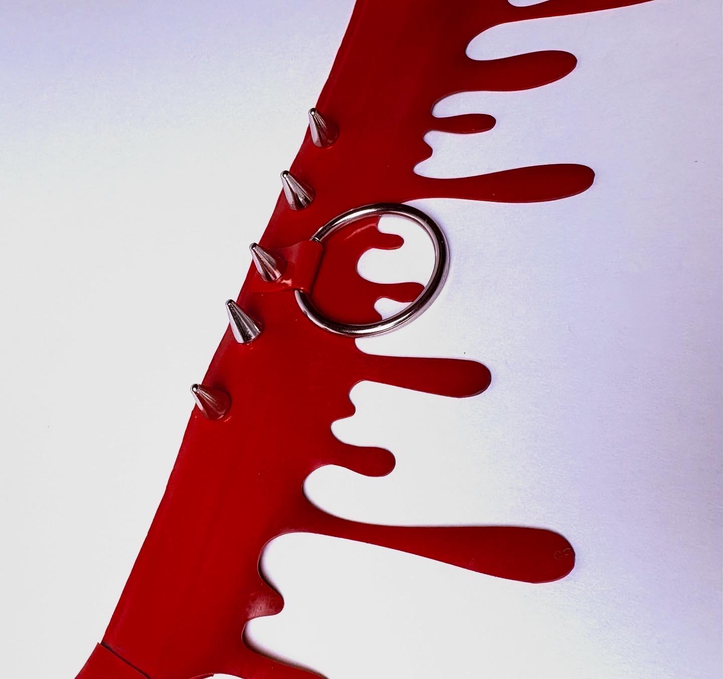 Red Blood Drip Latex 2” Choker with Large O Ring and spike detailing