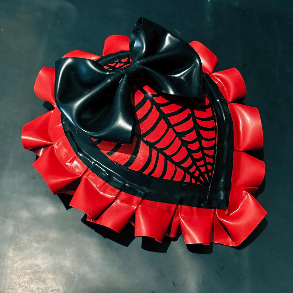 Black & Red Latex Fascinator – Hand-Painted Spiderweb + Ruffles
